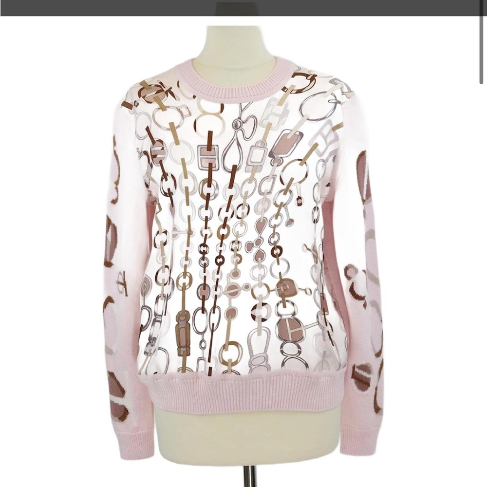 Authentic Hermes pink silk and cashmere knit do re boucles crewneck sweater